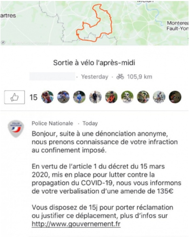 El mensaje de la policía francesa a un ciclista a través de la aplicación Strava